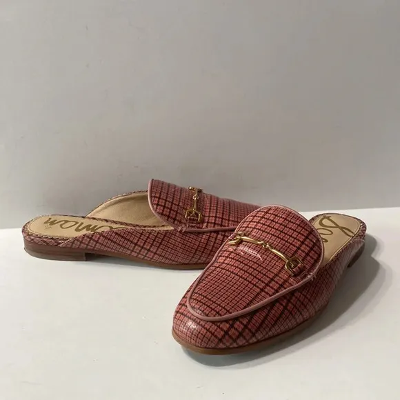 Sam Edelman Pink Black Linnie Plaid Print Apron Toe Buckle Slip On Mules Size 36