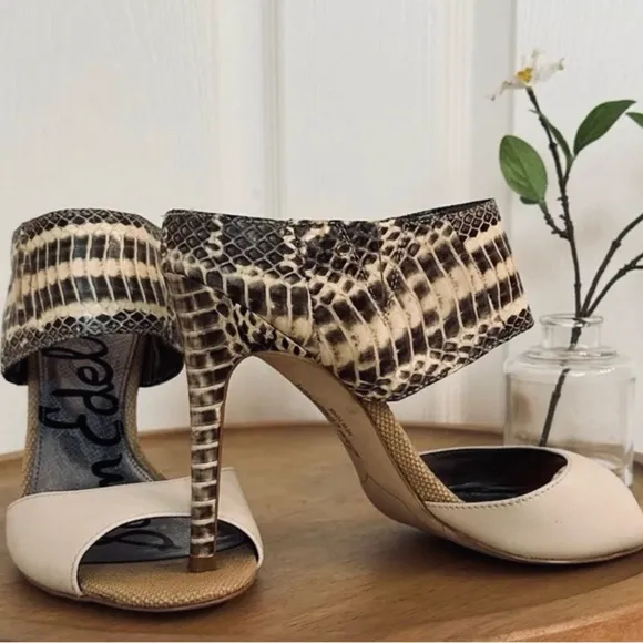 SAM EDELMAN ~ Women’s Scottie 4-inch heeled snakeskin peep toe mules size 7