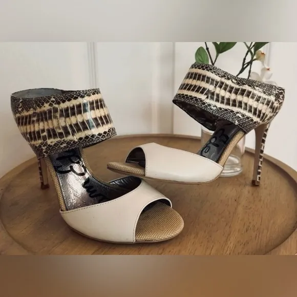 SAM EDELMAN ~ Women’s Scottie 4-inch heeled snakeskin peep toe mules size 7