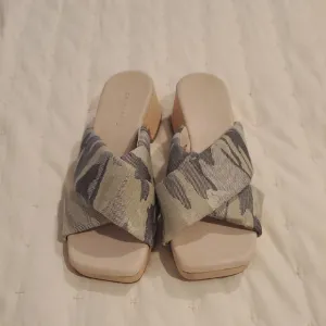 Sanctuary Cream and Gray Mules with Cross-Over Strap Design