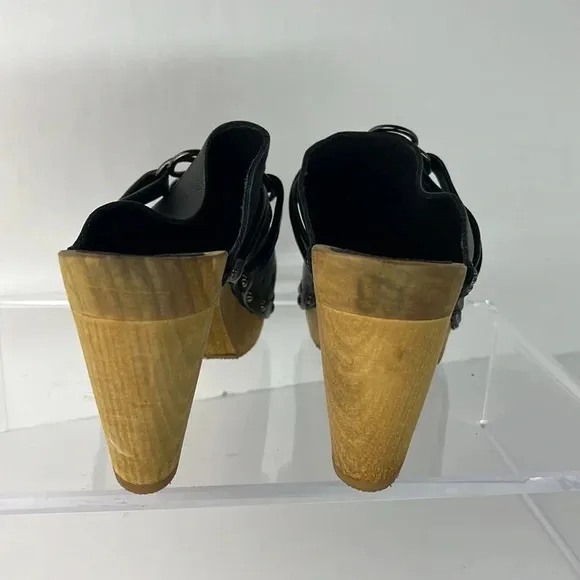Sanita Open Back Leather Clog Keltic Knot Studded Wooden Block Heel Mules Sz 39