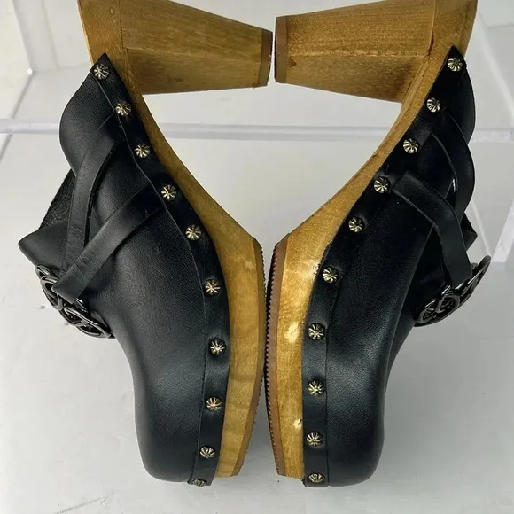 Sanita Open Back Leather Clog Keltic Knot Studded Wooden Block Heel Mules Sz 39