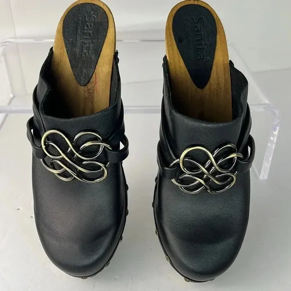 Sanita Open Back Leather Clog Keltic Knot Studded Wooden Block Heel Mules Sz 39