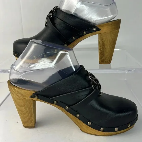 Sanita Open Back Leather Clog Keltic Knot Studded Wooden Block Heel Mules Sz 39