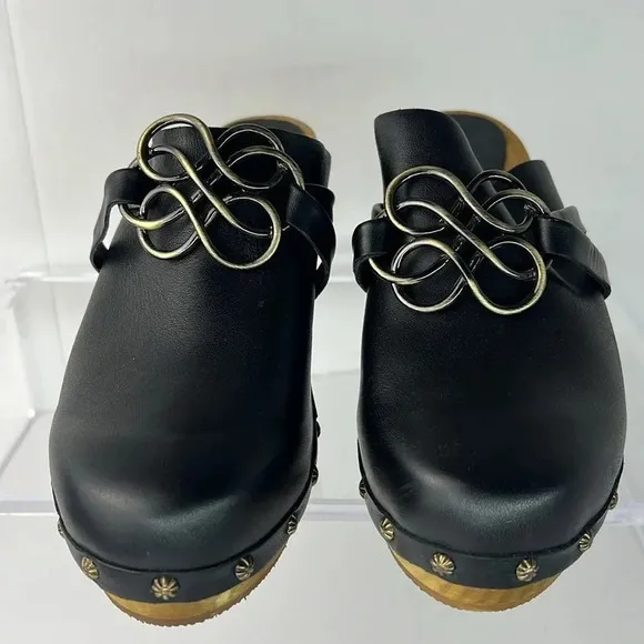 Sanita Open Back Leather Clog Keltic Knot Studded Wooden Block Heel Mules Sz 39