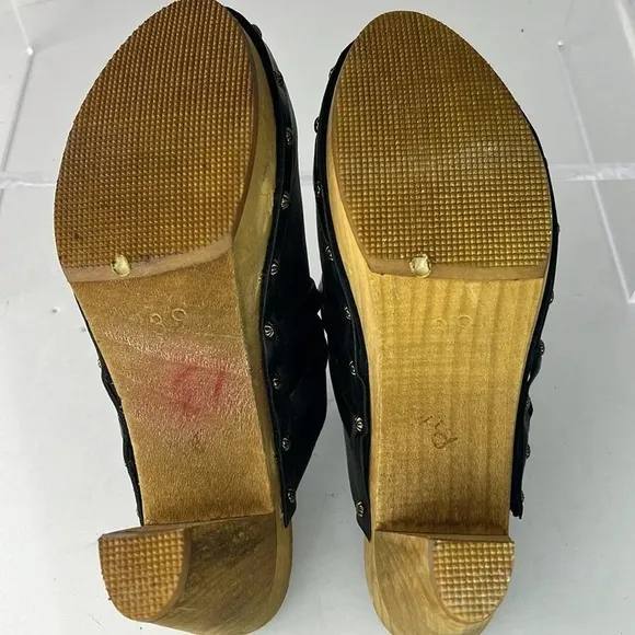 Sanita Open Back Leather Clog Keltic Knot Studded Wooden Block Heel Mules Sz 39