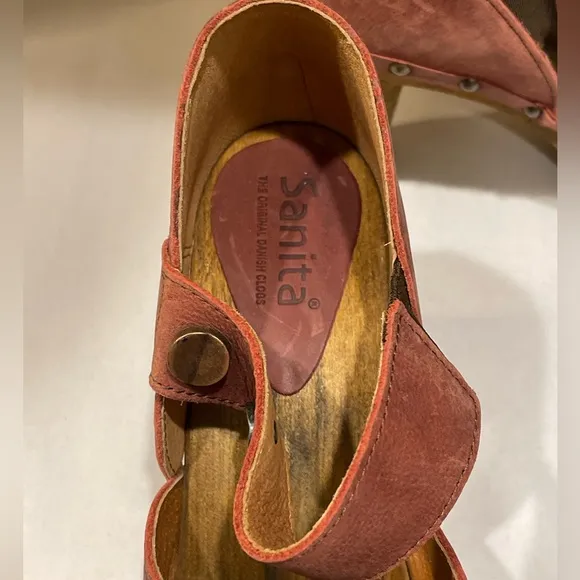 Sanita Womens Burgundy Leather Heeled Mary Jane Clogs