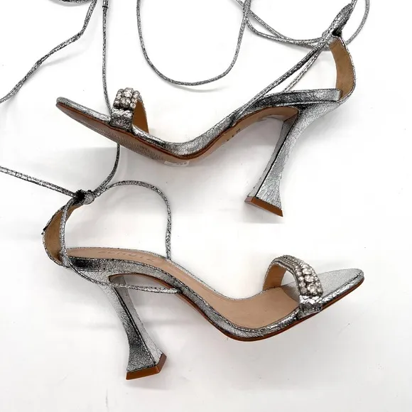 SCHUTZ Bellin Heels Womens 6 Silver Metallic Jeweled Ankle Wrap Strappy Sandal