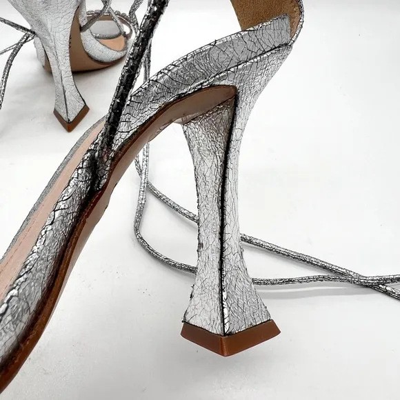 SCHUTZ Bellin Heels Womens 6 Silver Metallic Jeweled Ankle Wrap Strappy Sandal