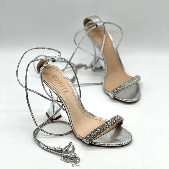 SCHUTZ Bellin Heels Womens 6 Silver Metallic Jeweled Ankle Wrap Strappy Sandal