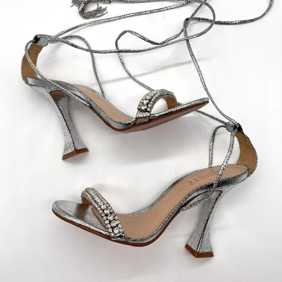 SCHUTZ Bellin Heels Womens 6 Silver Metallic Jeweled Ankle Wrap Strappy Sandal