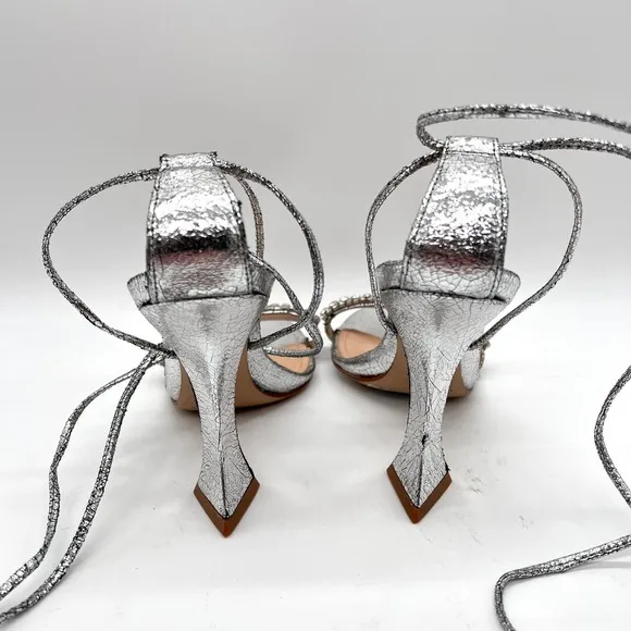 SCHUTZ Bellin Heels Womens 6 Silver Metallic Jeweled Ankle Wrap Strappy Sandal