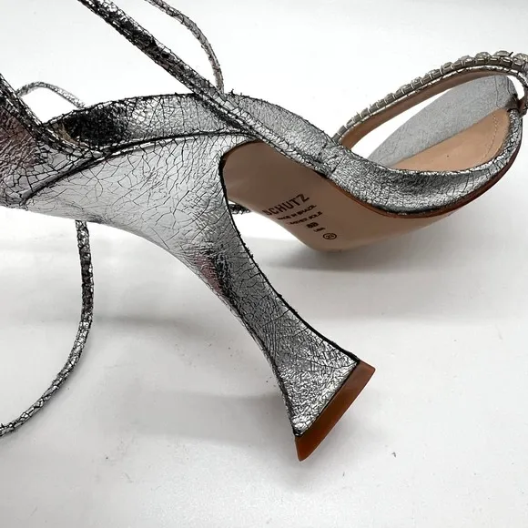 SCHUTZ Bellin Heels Womens 6 Silver Metallic Jeweled Ankle Wrap Strappy Sandal