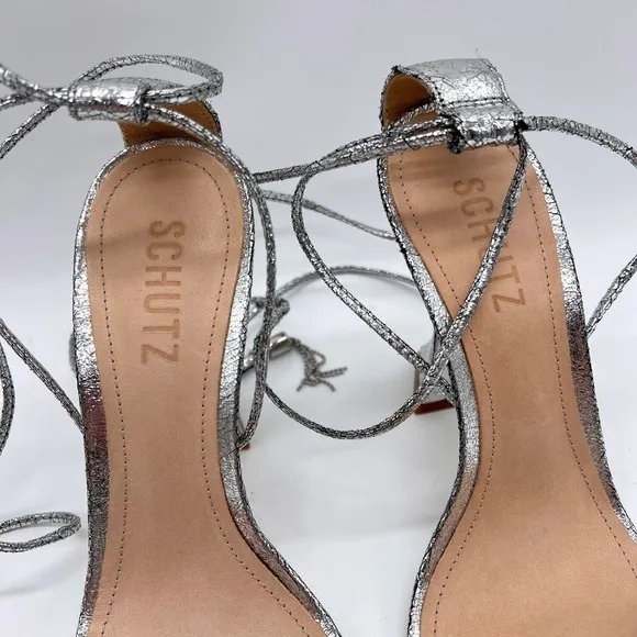 SCHUTZ Bellin Heels Womens 6 Silver Metallic Jeweled Ankle Wrap Strappy Sandal