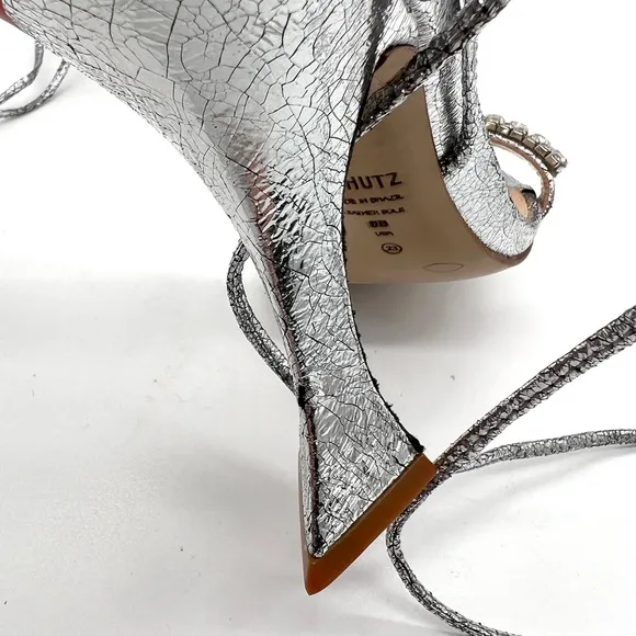 SCHUTZ Bellin Heels Womens 6 Silver Metallic Jeweled Ankle Wrap Strappy Sandal