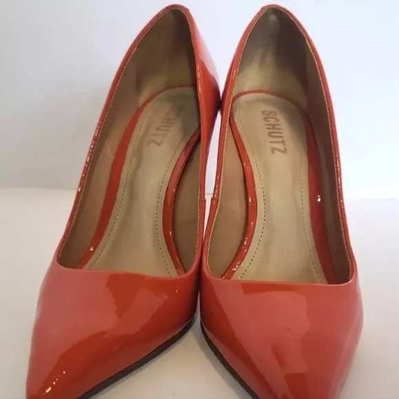 Schutz Bright Orange Lou Patent Leather Stiletto Heels US 7.5