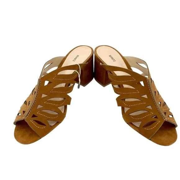 Schutz Brown Suede Leather Open Toe Slip On Sandals Mules Laser Cut SZ 41 EU NIB