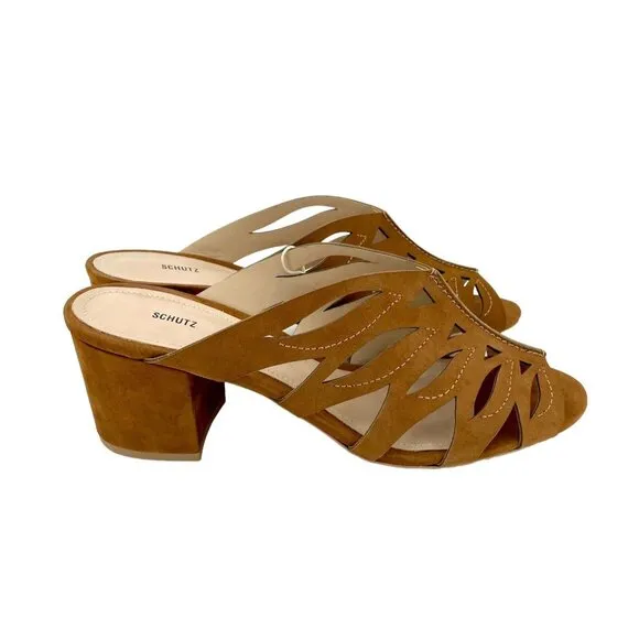 Schutz Brown Suede Leather Open Toe Slip On Sandals Mules Laser Cut SZ 41 EU NIB