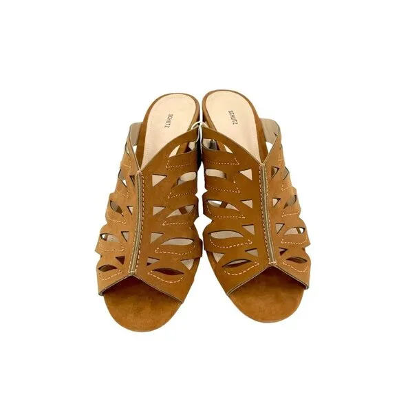 Schutz Brown Suede Leather Open Toe Slip On Sandals Mules Laser Cut SZ 41 EU NIB