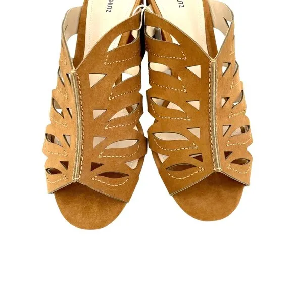 Schutz Brown Suede Leather Open Toe Slip On Sandals Mules Laser Cut SZ 41 EU NIB