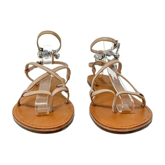 SCHUTZ Crystal Embellished Leather Strappy Thong Sandals size 7B Neutral Boho
