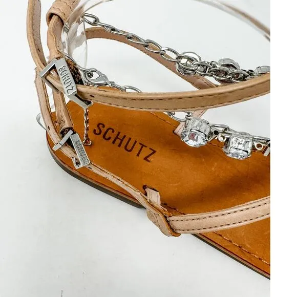 SCHUTZ Crystal Embellished Leather Strappy Thong Sandals size 7B Neutral Boho