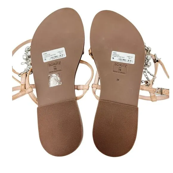 SCHUTZ Crystal Embellished Leather Strappy Thong Sandals size 7B Neutral Boho