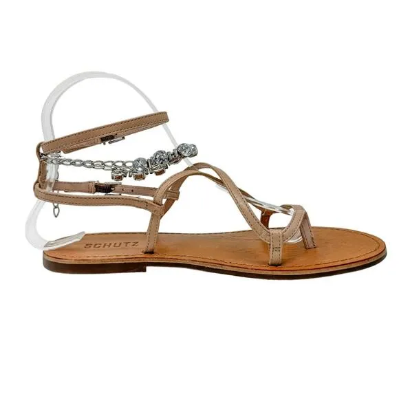 SCHUTZ Crystal Embellished Leather Strappy Thong Sandals size 7B Neutral Boho