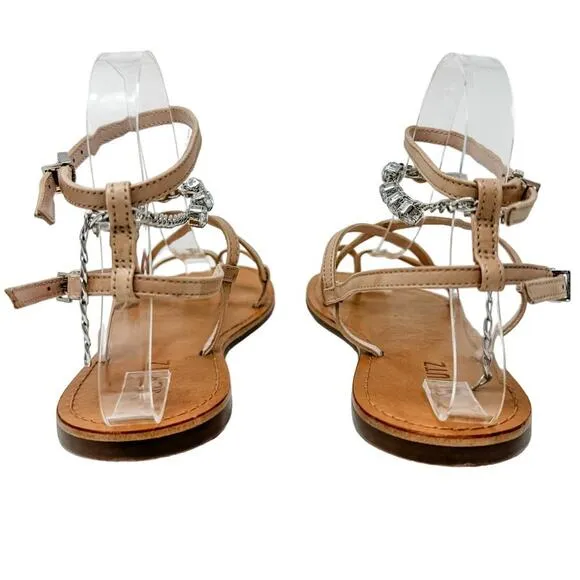 SCHUTZ Crystal Embellished Leather Strappy Thong Sandals size 7B Neutral Boho