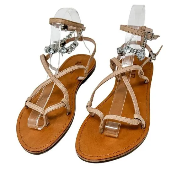SCHUTZ Crystal Embellished Leather Strappy Thong Sandals size 7B Neutral Boho