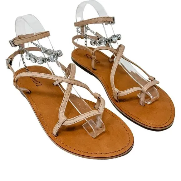 SCHUTZ Crystal Embellished Leather Strappy Thong Sandals size 7B Neutral Boho