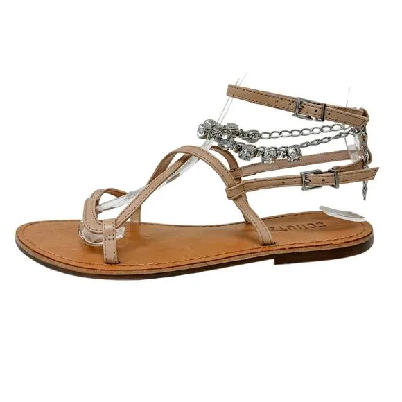 SCHUTZ Crystal Embellished Leather Strappy Thong Sandals size 7B Neutral Boho