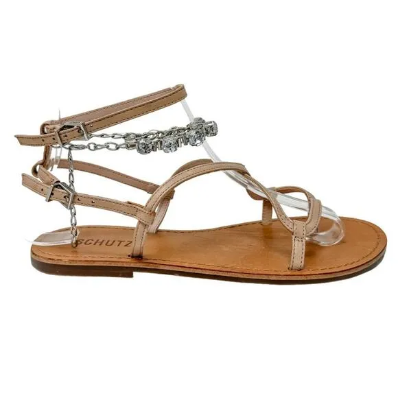SCHUTZ Crystal Embellished Leather Strappy Thong Sandals size 7B Neutral Boho