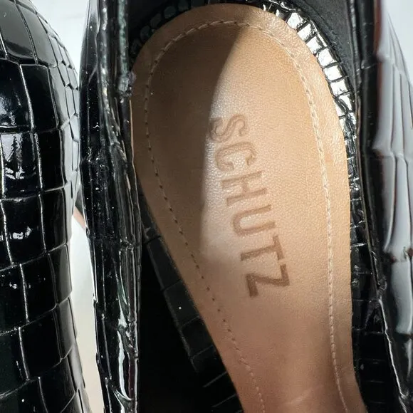 Schutz Gleide Black Croc-Embossed Leather Pumps Stiletto Pointed Toe 10 B Patent