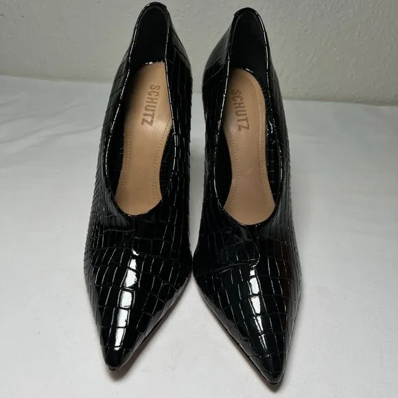 Schutz Gleide Black Croc-Embossed Leather Pumps Stiletto Pointed Toe 10 B Patent