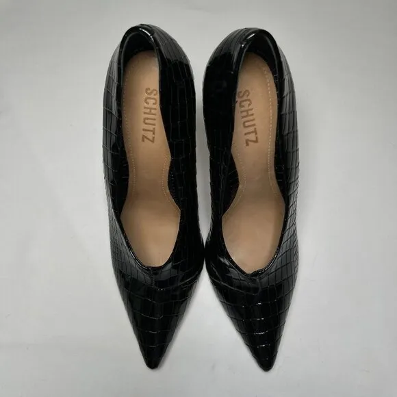 Schutz Gleide Black Croc-Embossed Leather Pumps Stiletto Pointed Toe 10 B Patent