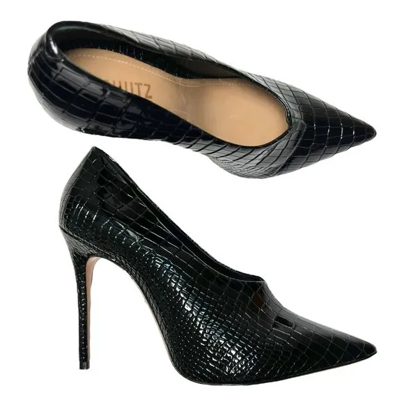 Schutz Gleide Black Croc-Embossed Leather Pumps Stiletto Pointed Toe 10 B Patent