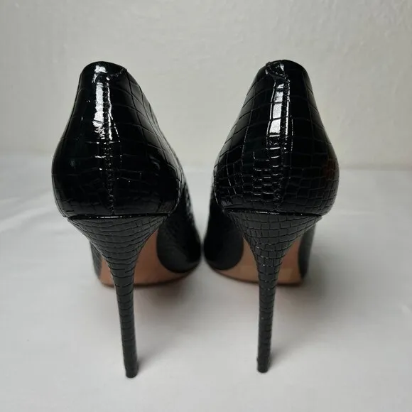 Schutz Gleide Black Croc-Embossed Leather Pumps Stiletto Pointed Toe 10 B Patent
