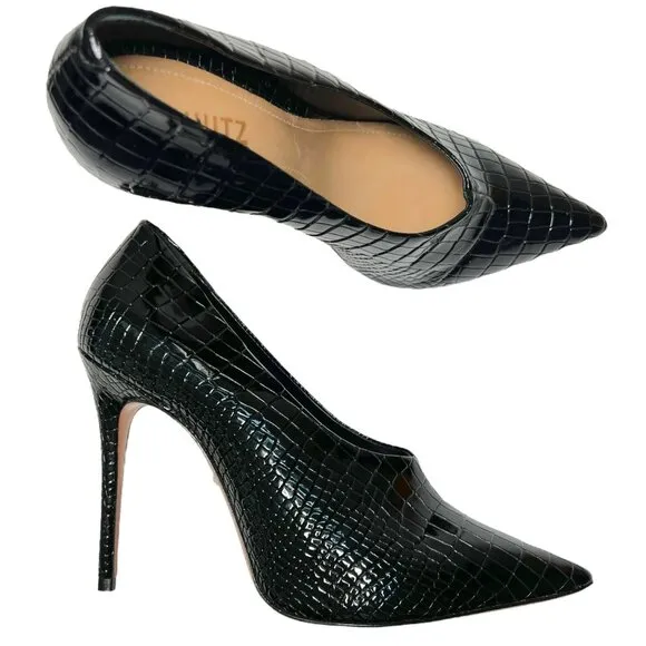 Schutz Gleide Black Croc-Embossed Leather Pumps Stiletto Pointed Toe 10 B Patent