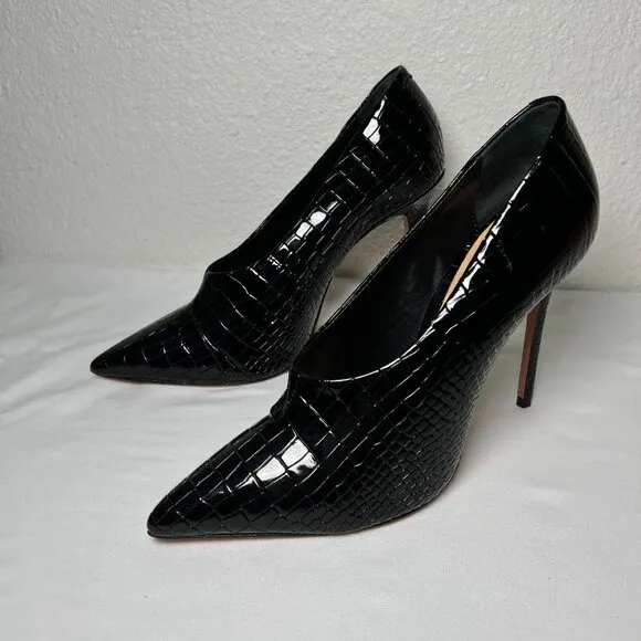 Schutz Gleide Black Croc-Embossed Leather Pumps Stiletto Pointed Toe 10 B Patent