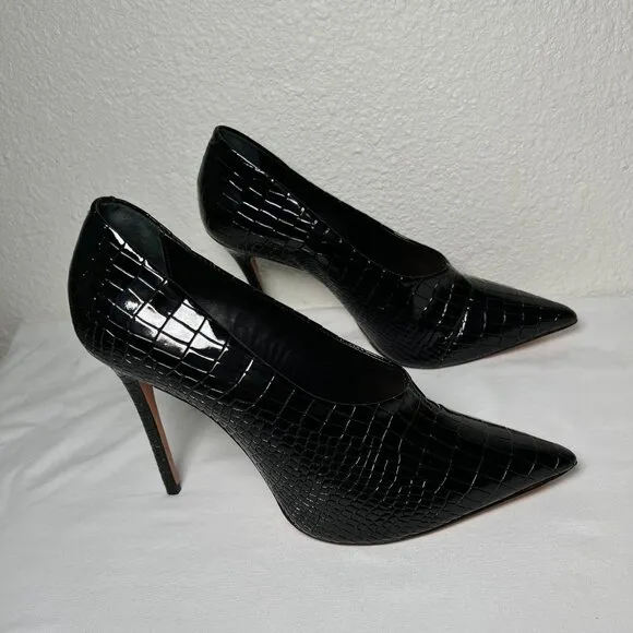 Schutz Gleide Black Croc-Embossed Leather Pumps Stiletto Pointed Toe 10 B Patent