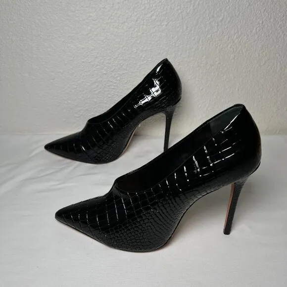 Schutz Gleide Black Croc-Embossed Leather Pumps Stiletto Pointed Toe 10 B Patent