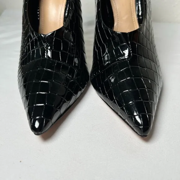 Schutz Gleide Black Croc-Embossed Leather Pumps Stiletto Pointed Toe 10 B Patent