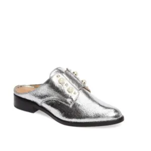SCHUTZ Jaine Pearl Embellished Spring Chic Metallic Casual Mule Loafer Silver