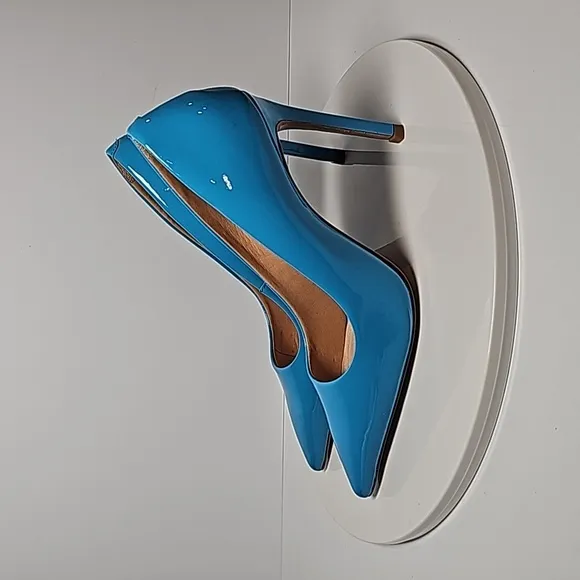 Schutz Lou Patent Leather Pump High Heels Stilleto Pointed Toe Blue Ocean 5.5