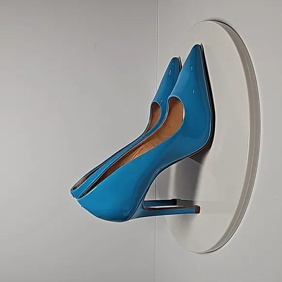 Schutz Lou Patent Leather Pump High Heels Stilleto Pointed Toe Blue Ocean 5.5