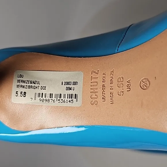Schutz Lou Patent Leather Pump High Heels Stilleto Pointed Toe Blue Ocean 5.5