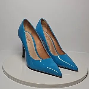 Schutz Lou Patent Leather Pump High Heels Stilleto Pointed Toe Blue Ocean 5.5