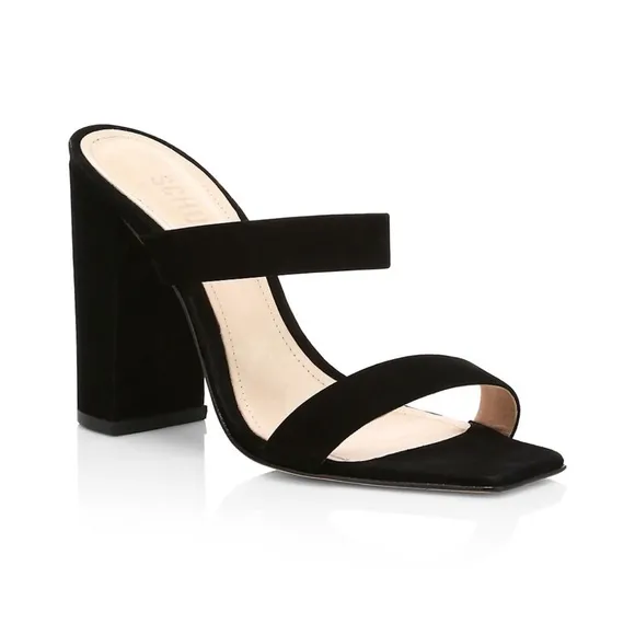 Schutz Maribel Black 100% Leather Suede Block Heel Square Toe Mules