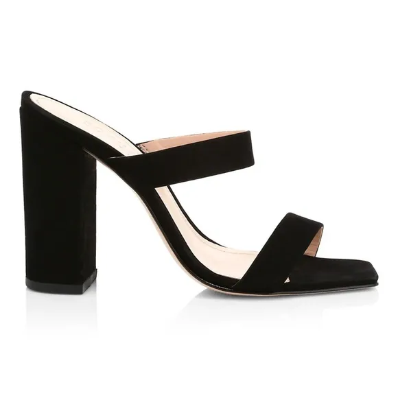Schutz Maribel Black 100% Leather Suede Block Heel Square Toe Mules